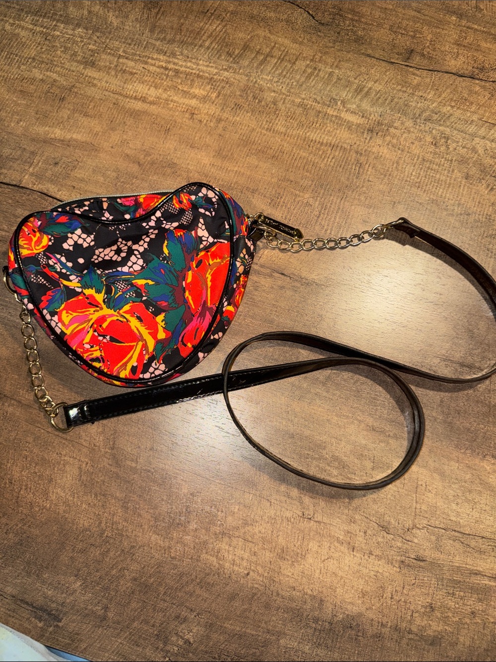 Betsey Johnson Heart Shaped Floral Crossbody Bag Purse